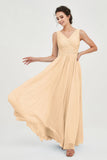 V Neck Natural Chiffon Bridesmaid Dress with Ruched Pleated Formal Evening Dresses Gowns