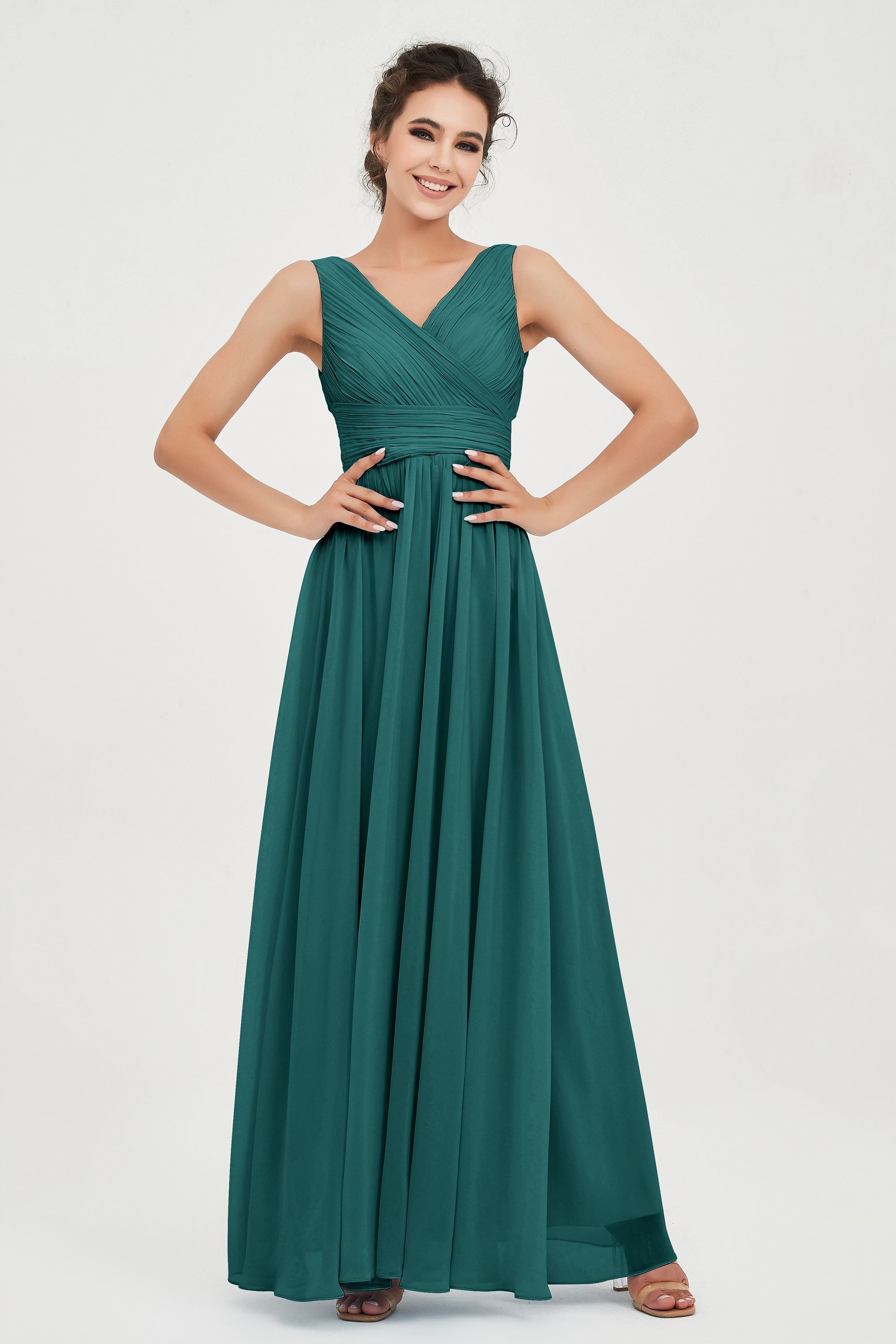 V Neck Natural Chiffon Bridesmaid Dress with Ruched Pleated Formal Evening Dresses Gowns