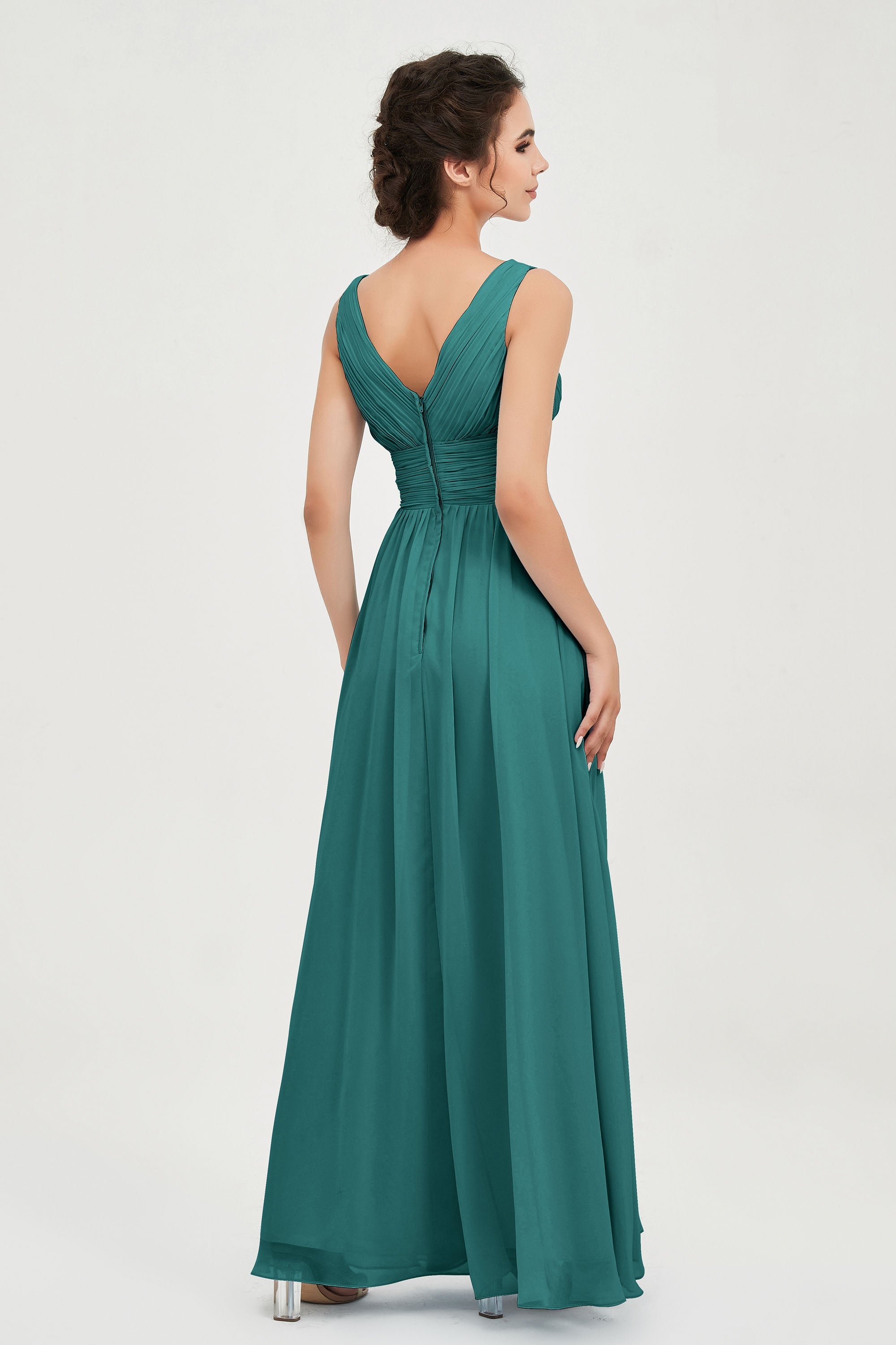 V Neck Natural Chiffon Bridesmaid Dress with Ruched Pleated Formal Evening Dresses Gowns