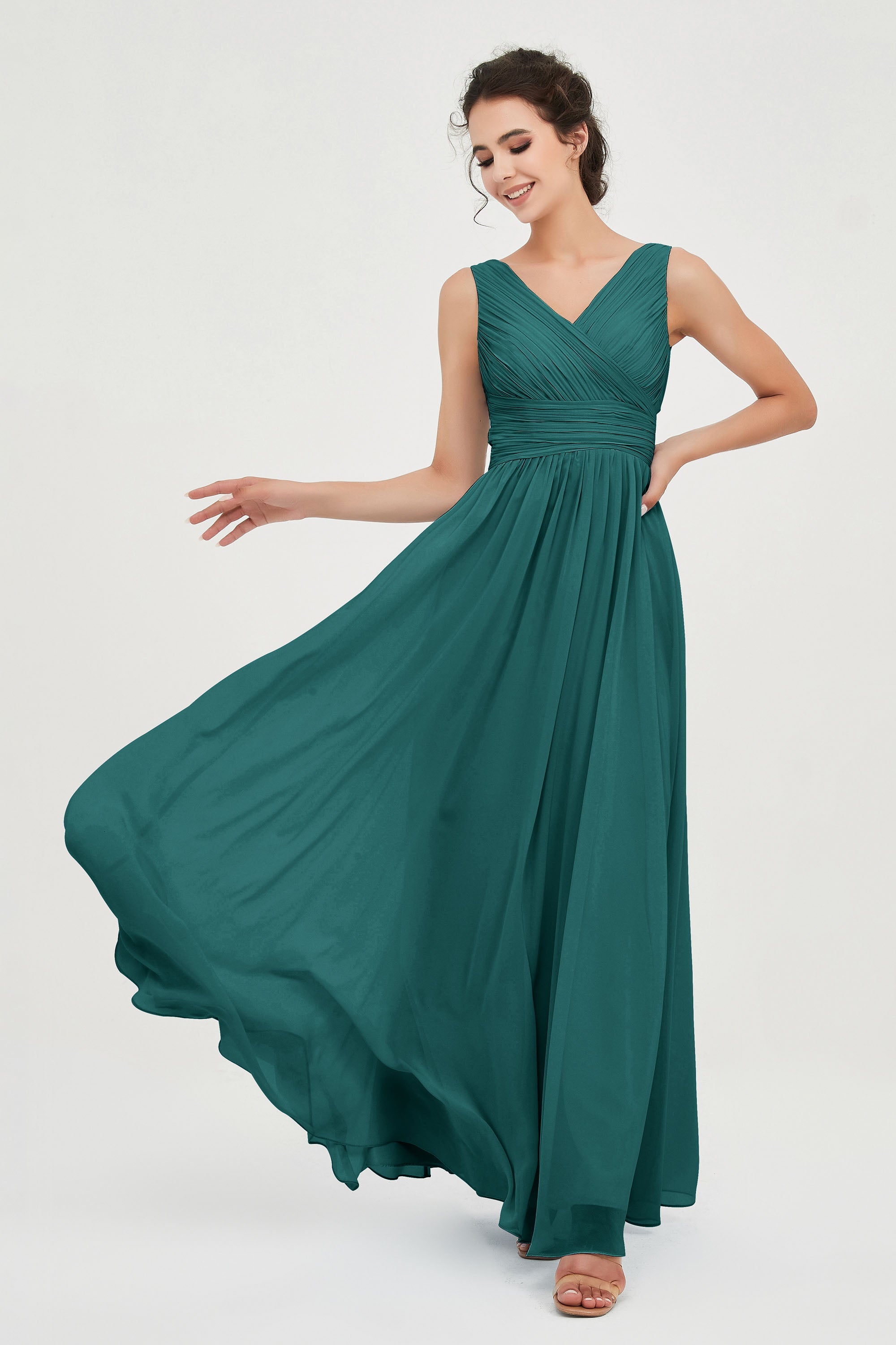V Neck Natural Chiffon Bridesmaid Dress with Ruched Pleated Formal Evening Dresses Gowns