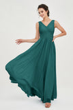 V Neck Natural Chiffon Bridesmaid Dress with Ruched Pleated Formal Evening Dresses Gowns