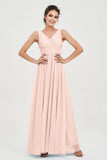 V Neck Natural Chiffon Bridesmaid Dress with Ruched Pleated Formal Evening Dresses Gowns