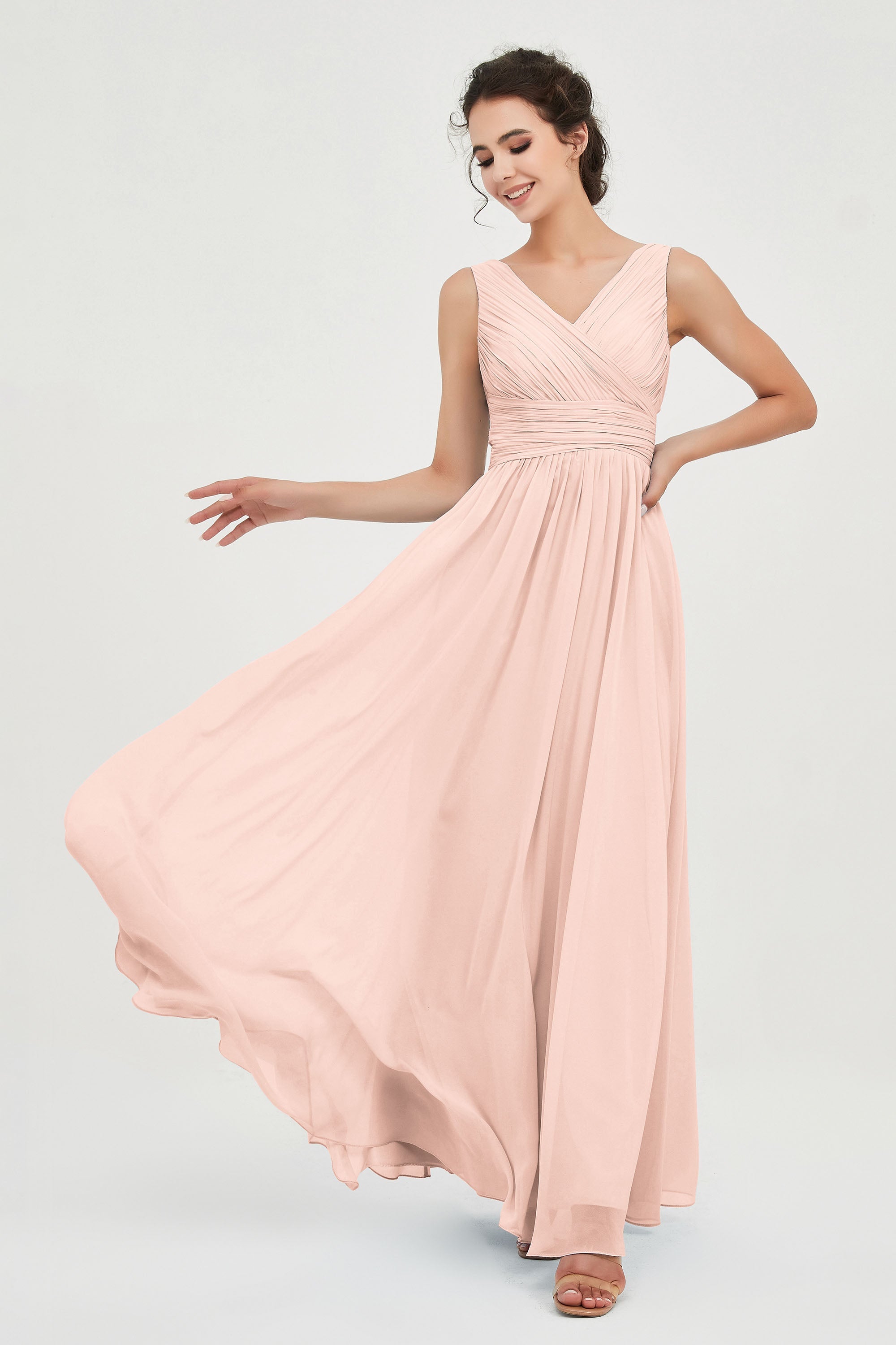 V Neck Natural Chiffon Bridesmaid Dress with Ruched Pleated Formal Evening Dresses Gowns