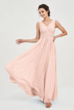 V Neck Natural Chiffon Bridesmaid Dress with Ruched Pleated Formal Evening Dresses Gowns