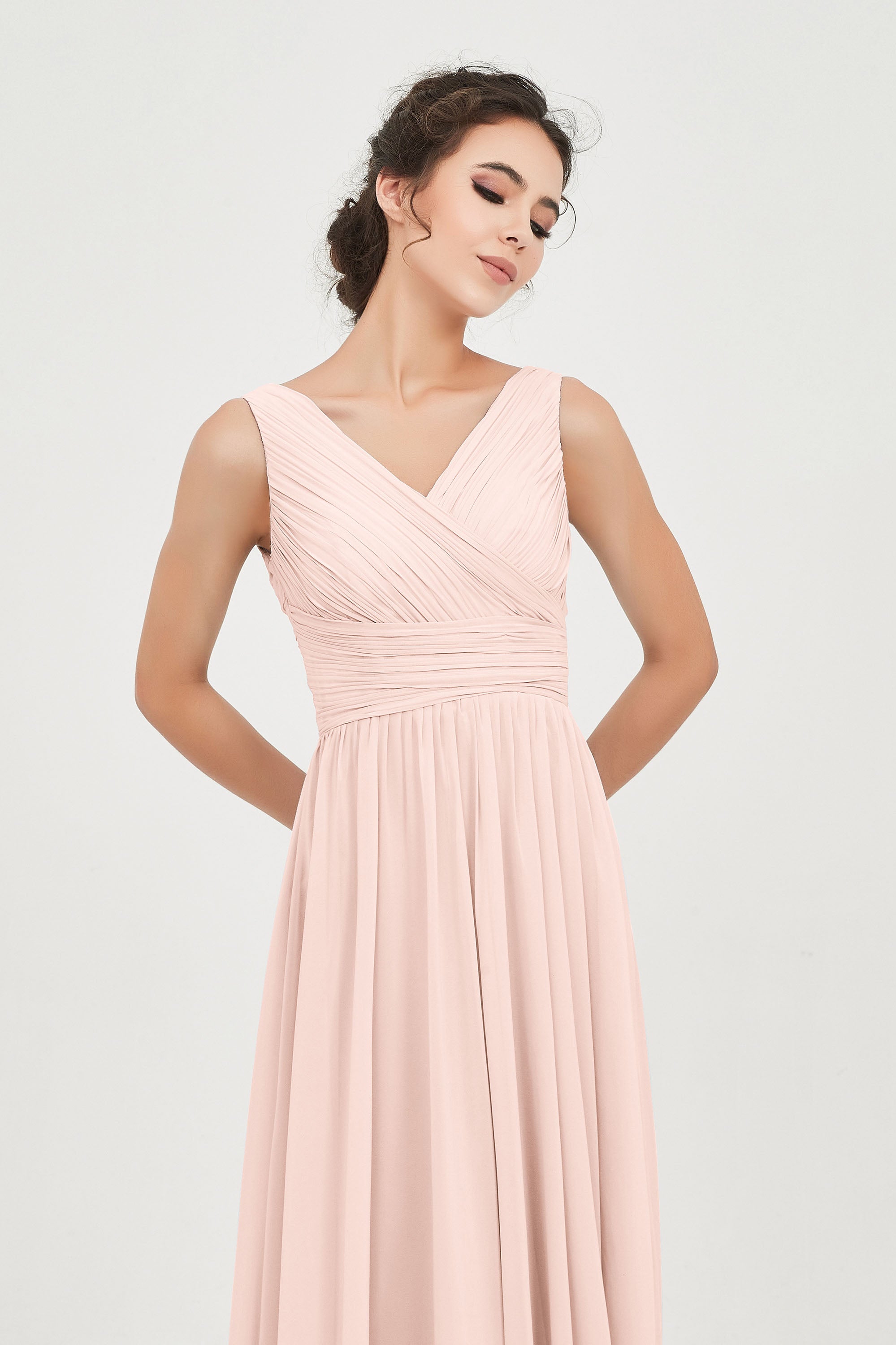 V Neck Natural Chiffon Bridesmaid Dress with Ruched Pleated Formal Evening Dresses Gowns