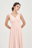 V Neck Natural Chiffon Bridesmaid Dress with Ruched Pleated Formal Evening Dresses Gowns