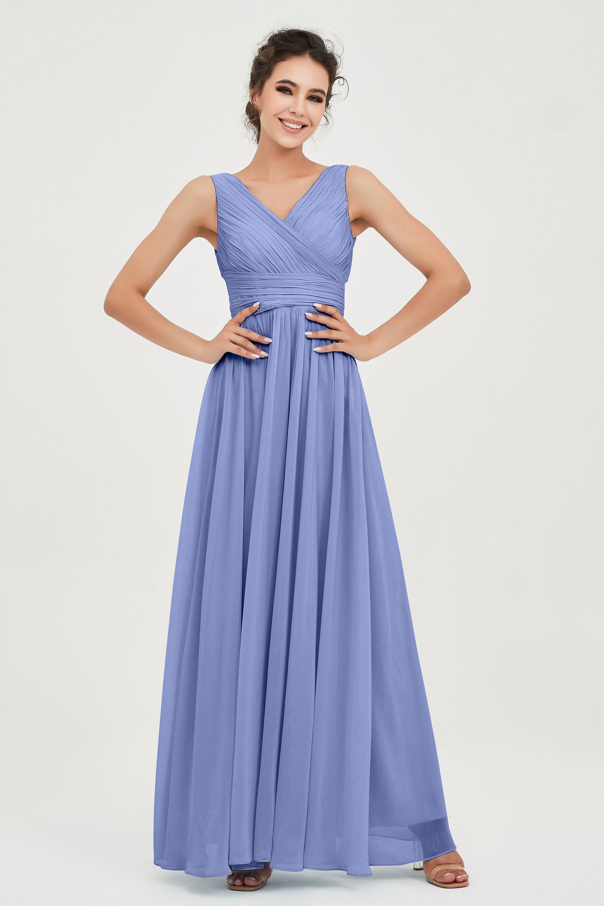 V Neck Natural Chiffon Bridesmaid Dress with Ruched Pleated Formal Evening Dresses Gowns