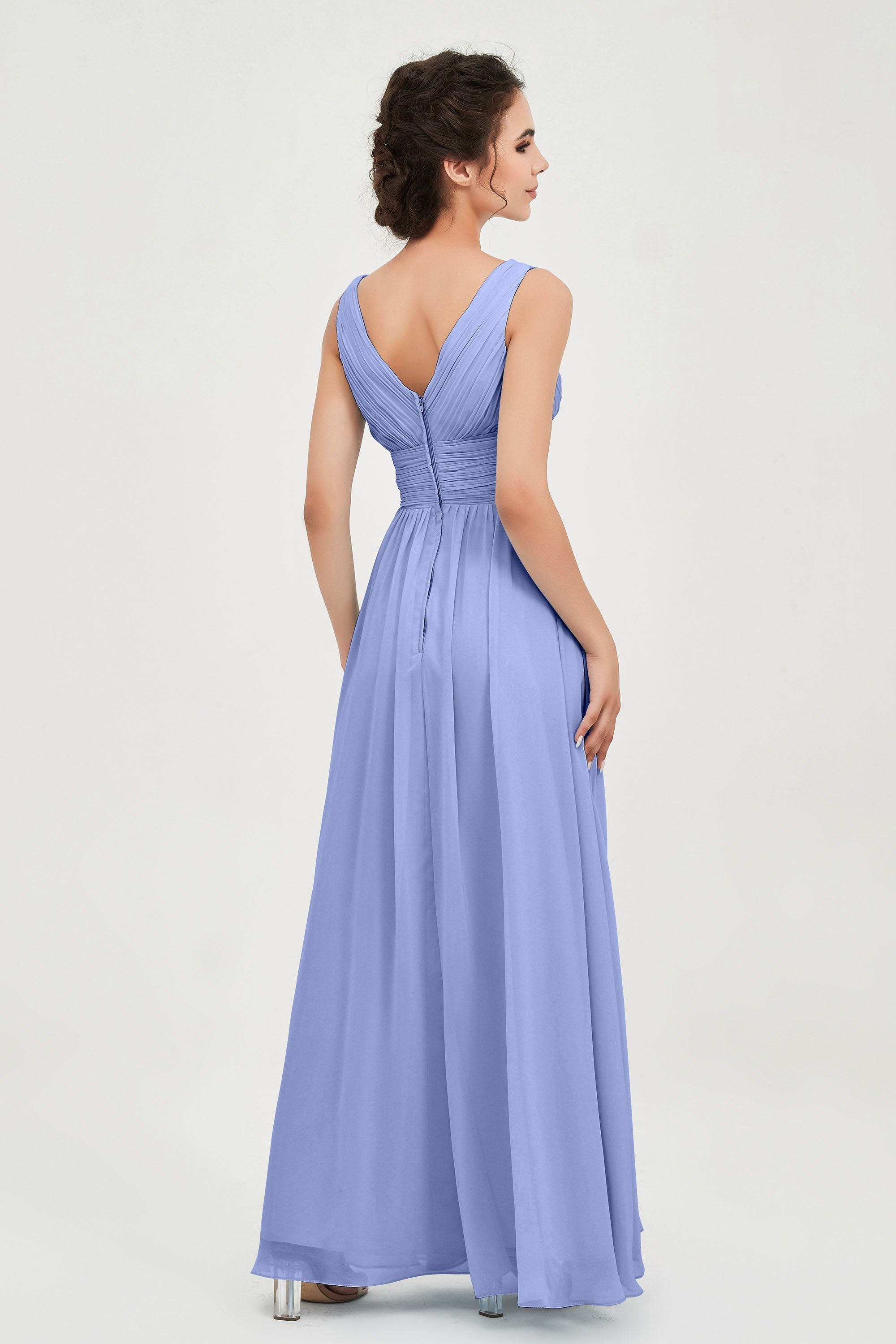 V Neck Natural Chiffon Bridesmaid Dress with Ruched Pleated Formal Evening Dresses Gowns