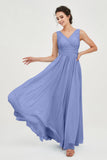 V Neck Natural Chiffon Bridesmaid Dress with Ruched Pleated Formal Evening Dresses Gowns
