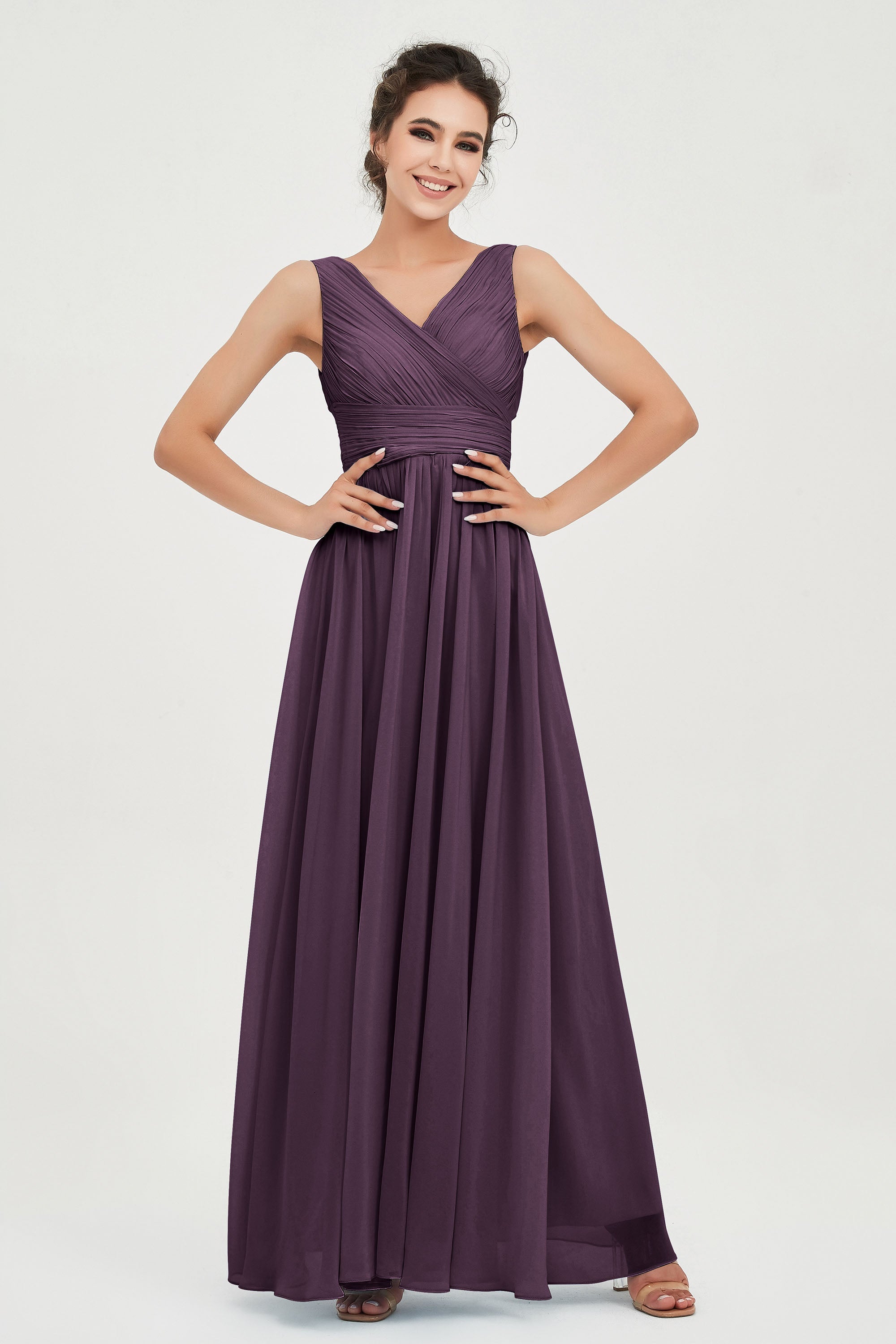 V Neck Natural Chiffon Bridesmaid Dress with Ruched Pleated Formal Evening Dresses Gowns