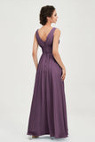 V Neck Natural Chiffon Bridesmaid Dress with Ruched Pleated Formal Evening Dresses Gowns