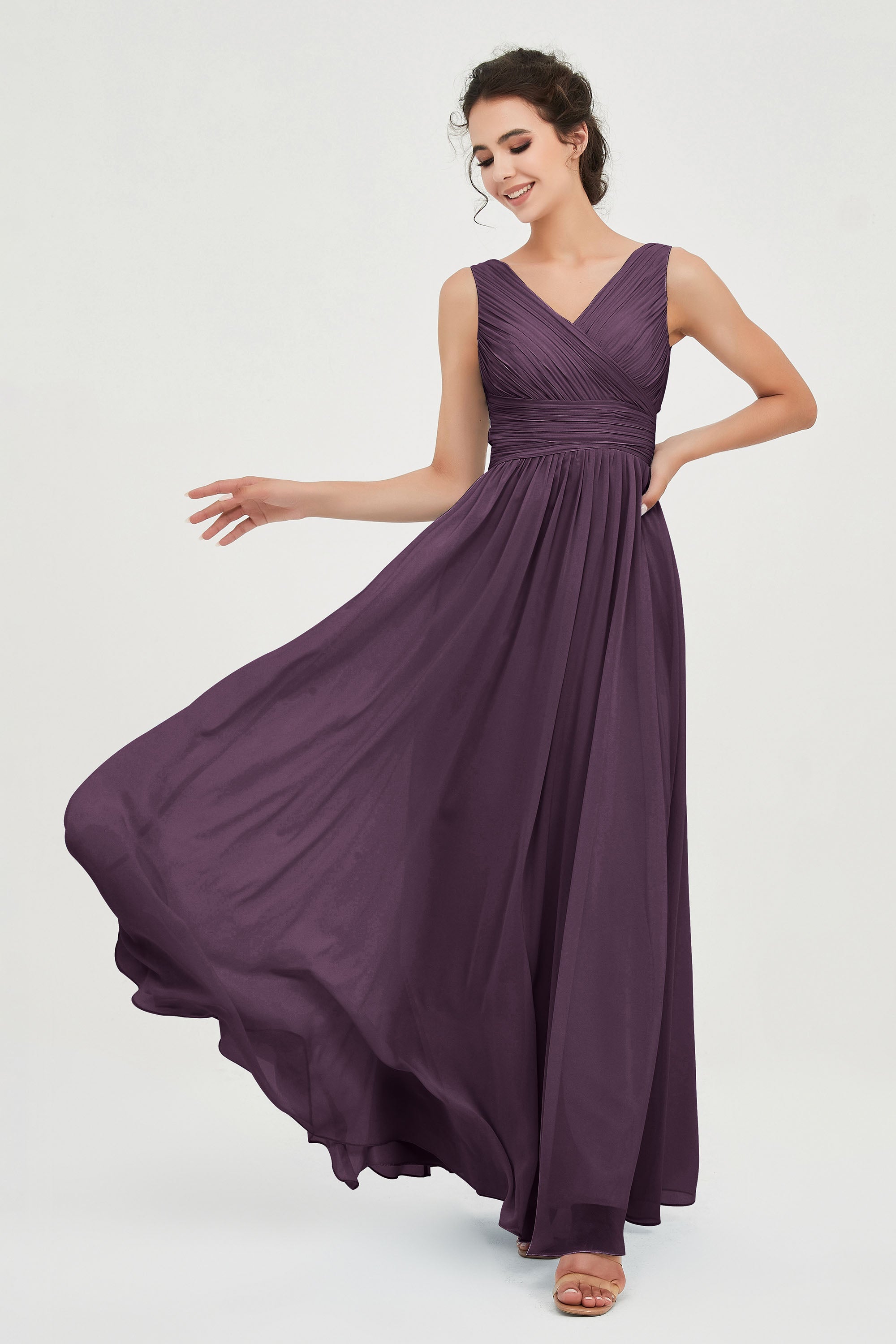 V Neck Natural Chiffon Bridesmaid Dress with Ruched Pleated Formal Evening Dresses Gowns