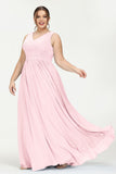 V Neck Natural Chiffon Bridesmaid Dress with Ruched Pleated Formal Evening Dresses Gowns