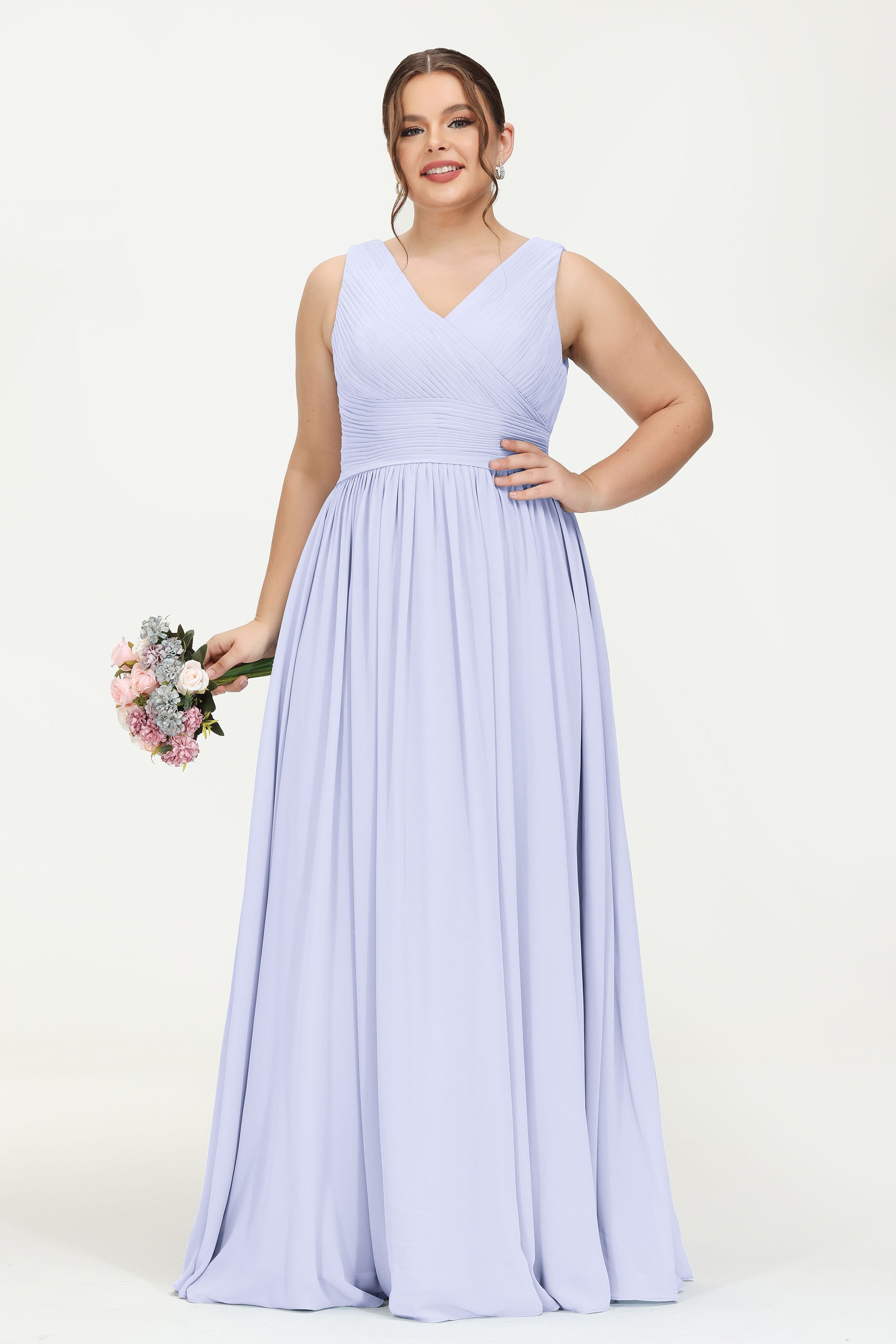 V Neck Natural Chiffon Bridesmaid Dress with Ruched Pleated Formal Evening Dresses Gowns