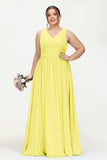 V Neck Natural Chiffon Bridesmaid Dress with Ruched Pleated Formal Evening Dresses Gowns