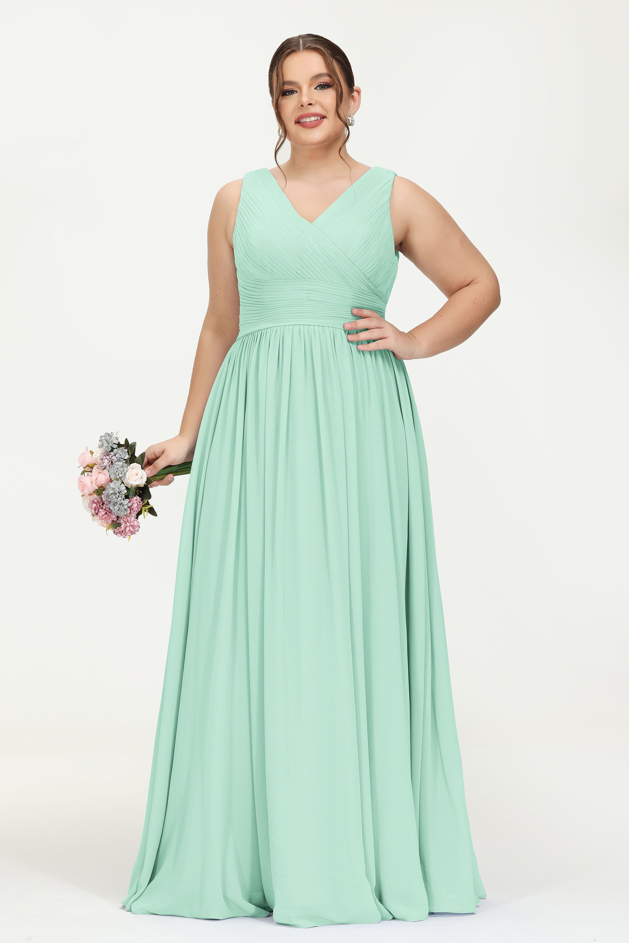 V Neck Natural Chiffon Bridesmaid Dress with Ruched Pleated Formal Evening Dresses Gowns