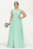 V Neck Natural Chiffon Bridesmaid Dress with Ruched Pleated Formal Evening Dresses Gowns