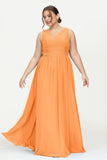 V Neck Natural Chiffon Bridesmaid Dress with Ruched Pleated Formal Evening Dresses Gowns