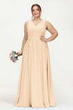 V Neck Natural Chiffon Bridesmaid Dress with Ruched Pleated Formal Evening Dresses Gowns