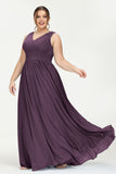 V Neck Natural Chiffon Bridesmaid Dress with Ruched Pleated Formal Evening Dresses Gowns