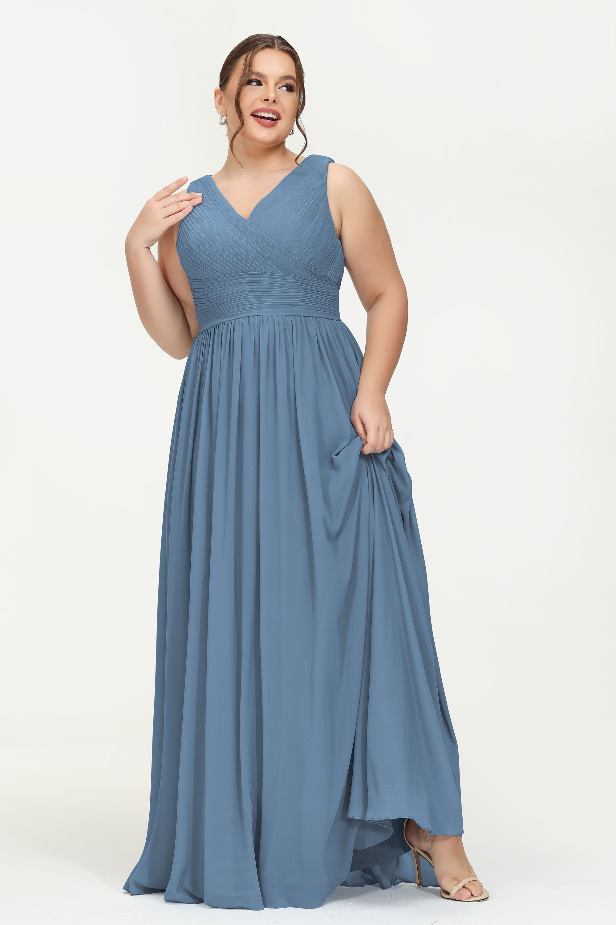 V Neck Natural Chiffon Bridesmaid Dress with Ruched Pleated Formal Evening Dresses Gowns