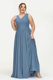 V Neck Natural Chiffon Bridesmaid Dress with Ruched Pleated Formal Evening Dresses Gowns
