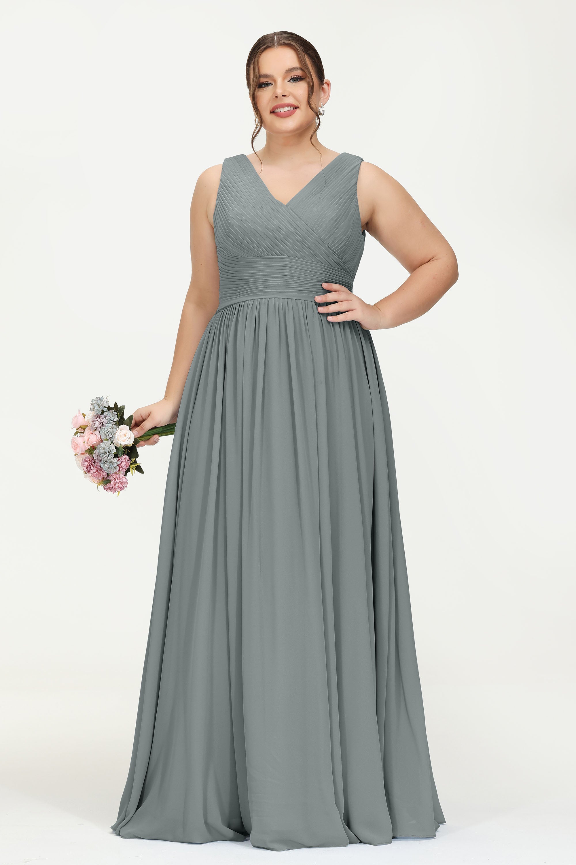 V Neck Natural Chiffon Bridesmaid Dress with Ruched Pleated Formal Evening Dresses Gowns