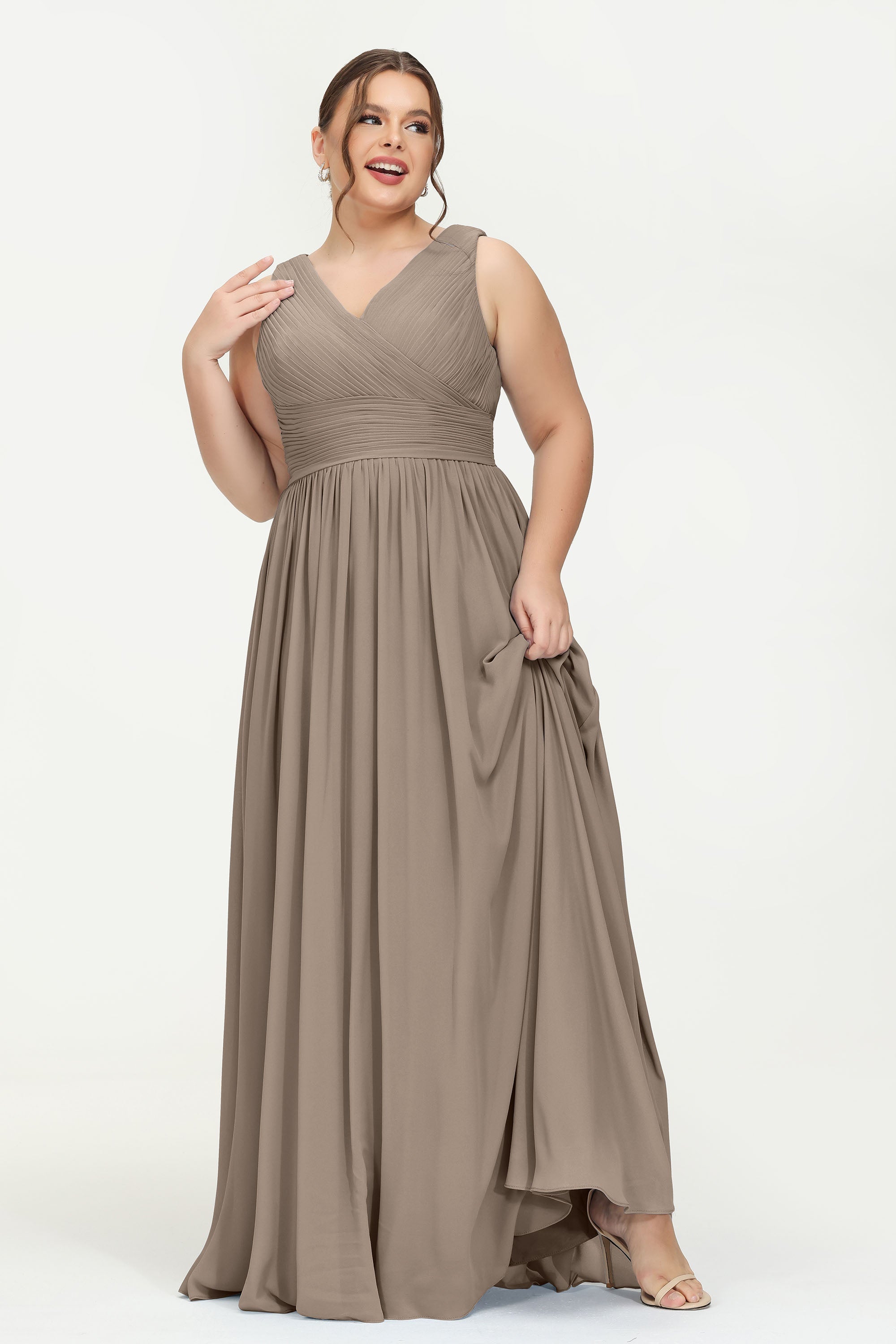 V Neck Natural Chiffon Bridesmaid Dress with Ruched Pleated Formal Evening Dresses Gowns