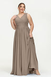 V Neck Natural Chiffon Bridesmaid Dress with Ruched Pleated Formal Evening Dresses Gowns