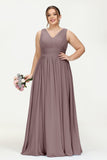 V Neck Natural Chiffon Bridesmaid Dress with Ruched Pleated Formal Evening Dresses Gowns