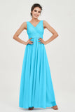 V Neck Natural Chiffon Bridesmaid Dress with Ruched Pleated Formal Evening Dresses Gowns