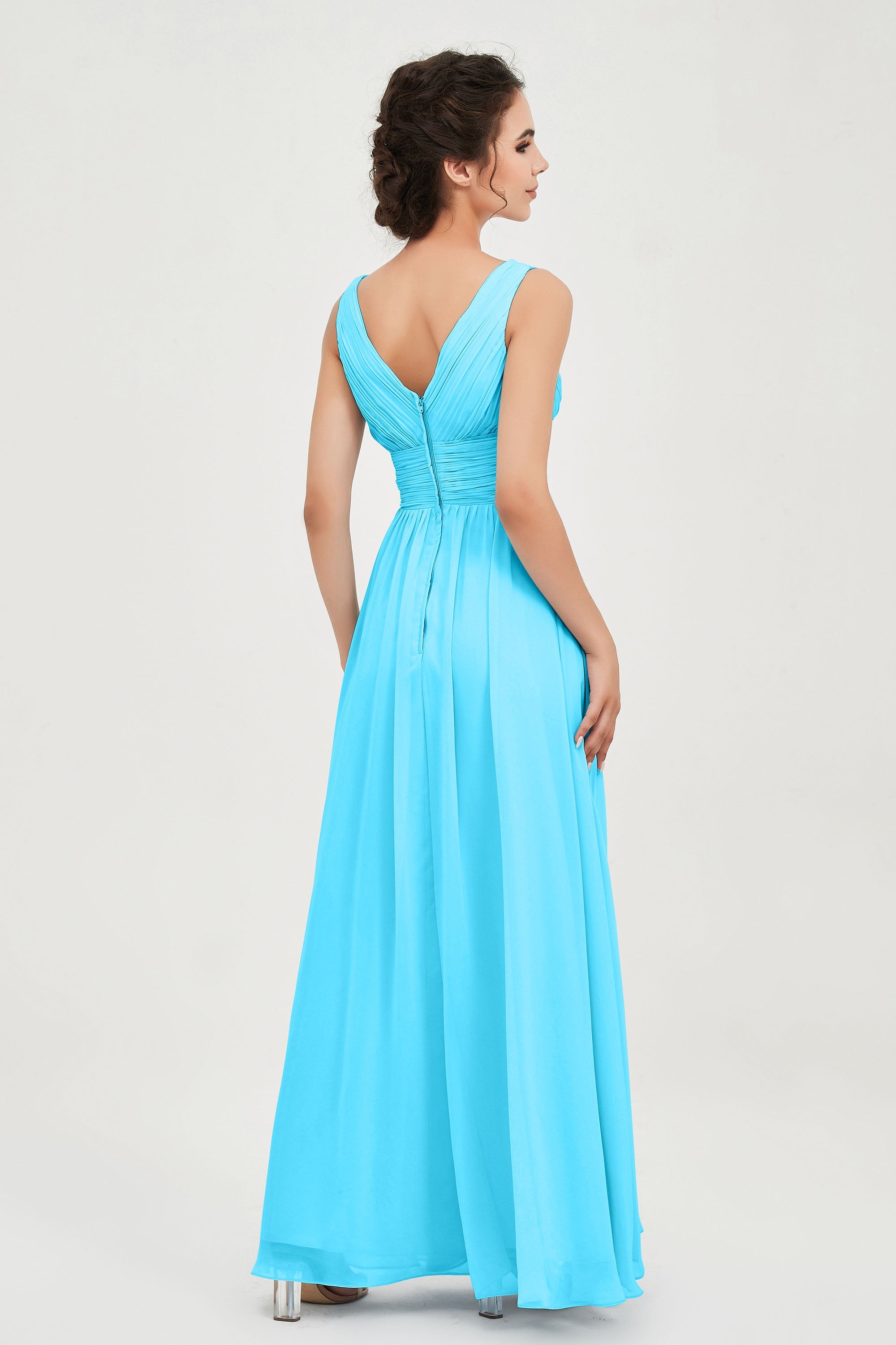 V Neck Natural Chiffon Bridesmaid Dress with Ruched Pleated Formal Evening Dresses Gowns