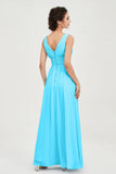 V Neck Natural Chiffon Bridesmaid Dress with Ruched Pleated Formal Evening Dresses Gowns