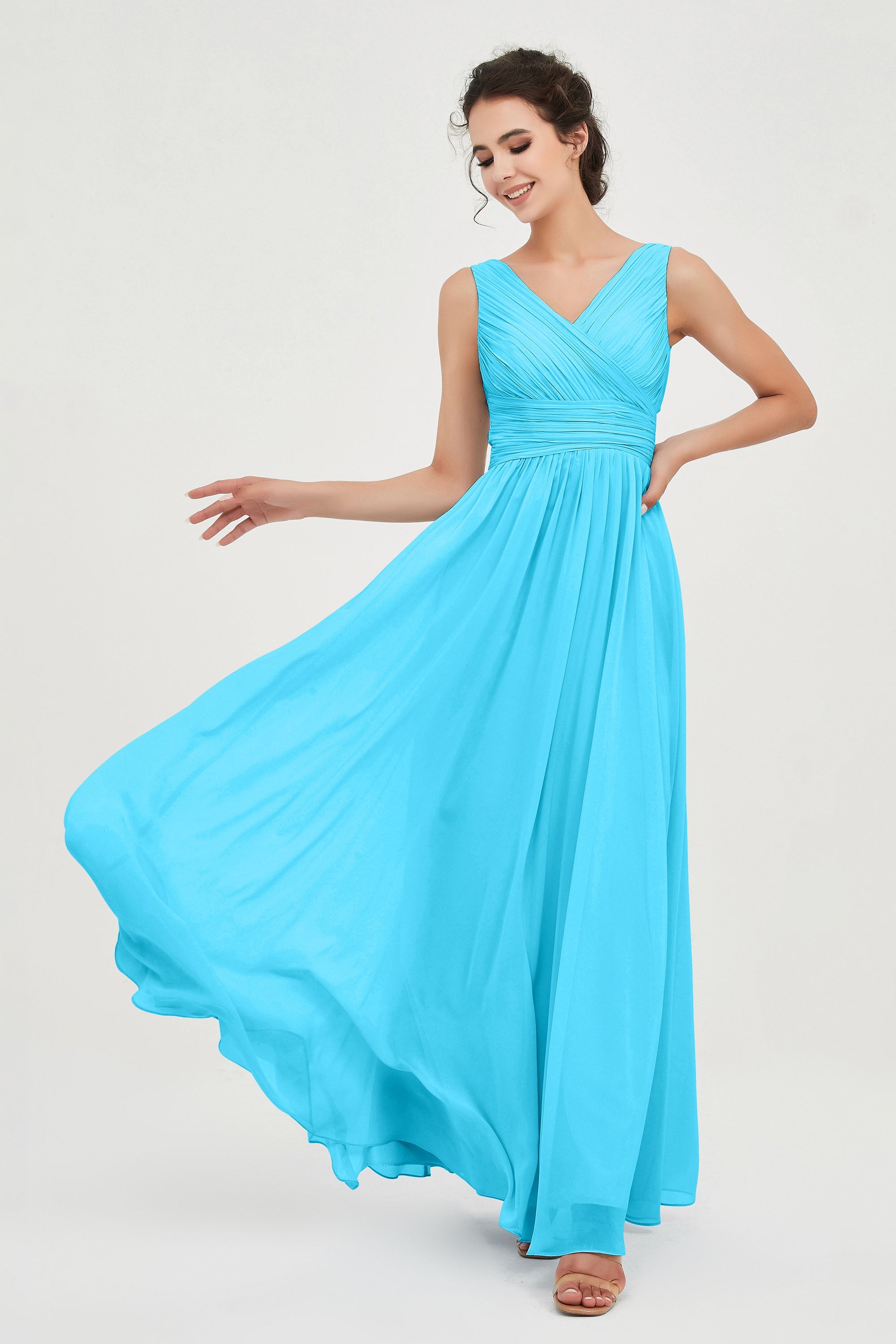 V Neck Natural Chiffon Bridesmaid Dress with Ruched Pleated Formal Evening Dresses Gowns