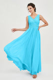 V Neck Natural Chiffon Bridesmaid Dress with Ruched Pleated Formal Evening Dresses Gowns