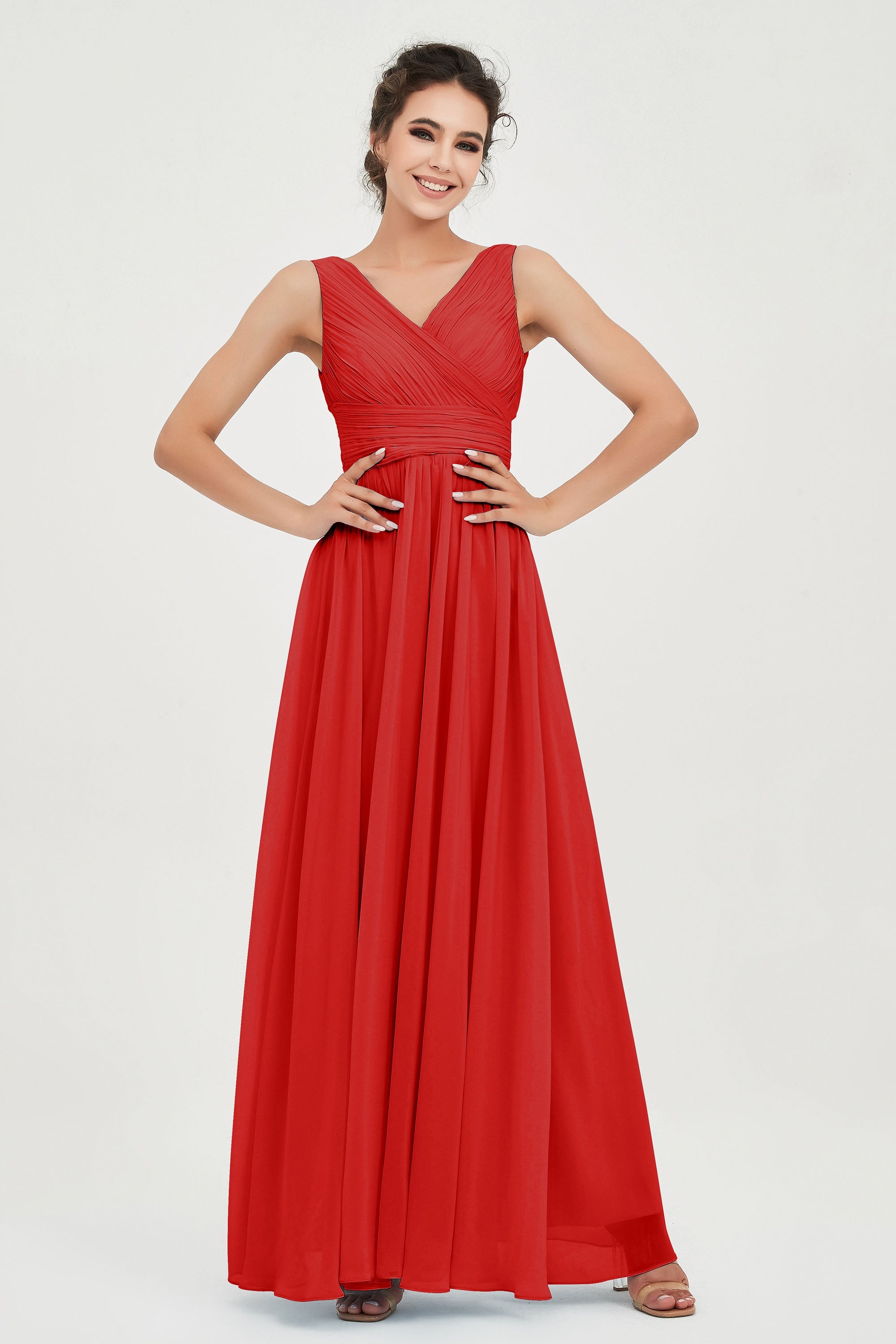 V Neck Natural Chiffon Bridesmaid Dress with Ruched Pleated Formal Evening Dresses Gowns