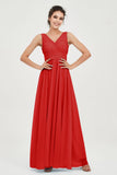V Neck Natural Chiffon Bridesmaid Dress with Ruched Pleated Formal Evening Dresses Gowns