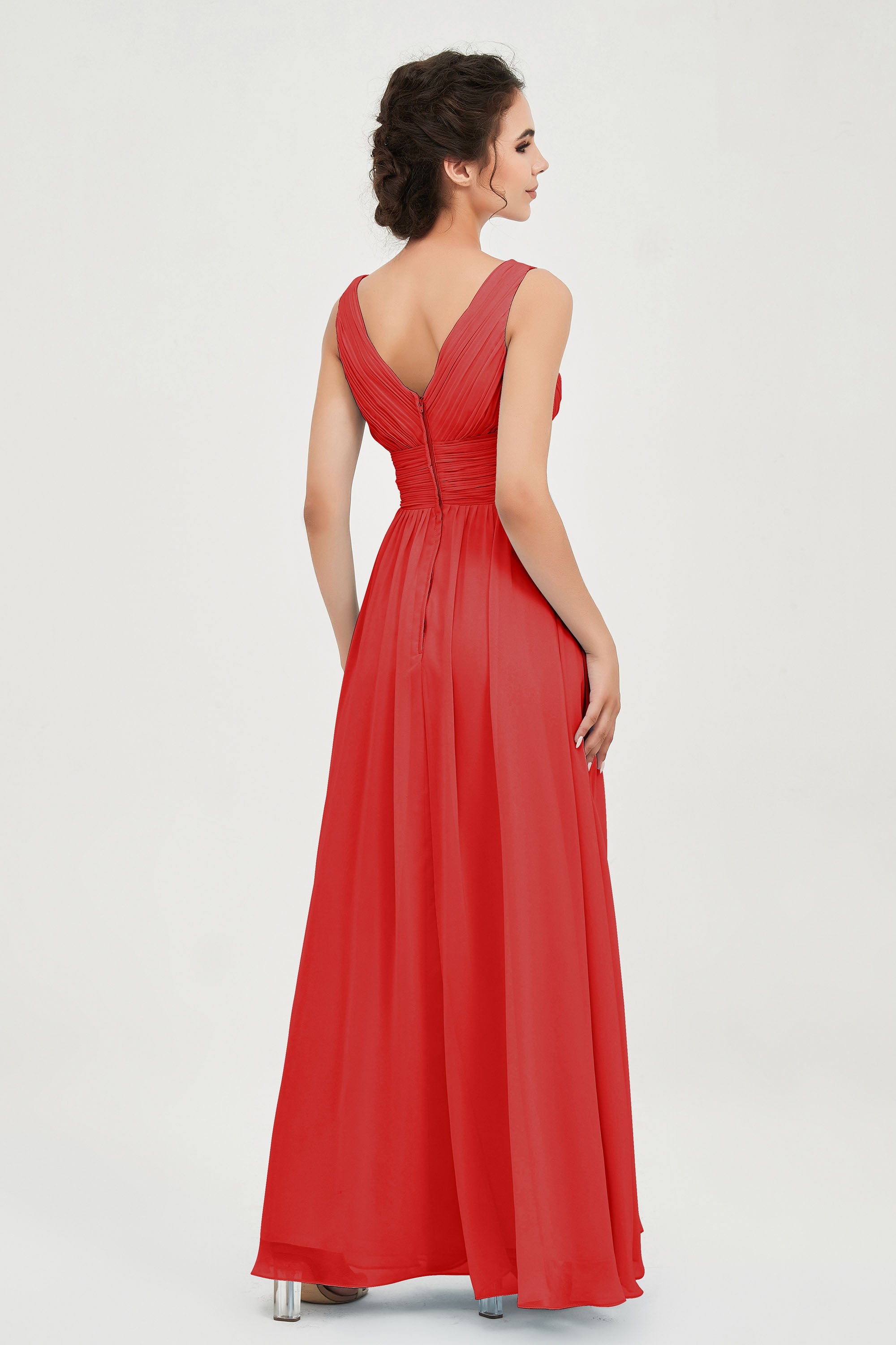 V Neck Natural Chiffon Bridesmaid Dress with Ruched Pleated Formal Evening Dresses Gowns