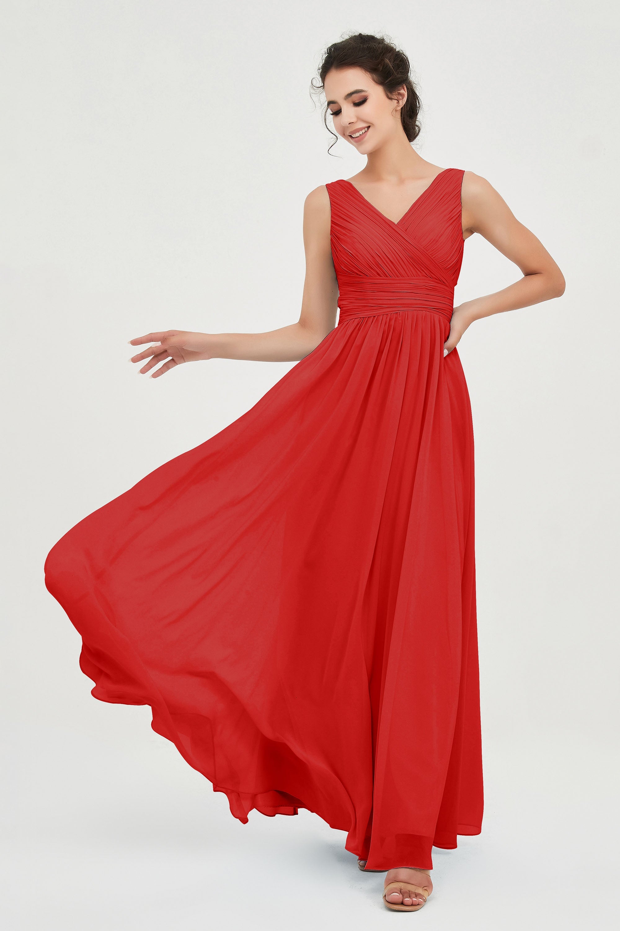 V Neck Natural Chiffon Bridesmaid Dress with Ruched Pleated Formal Evening Dresses Gowns
