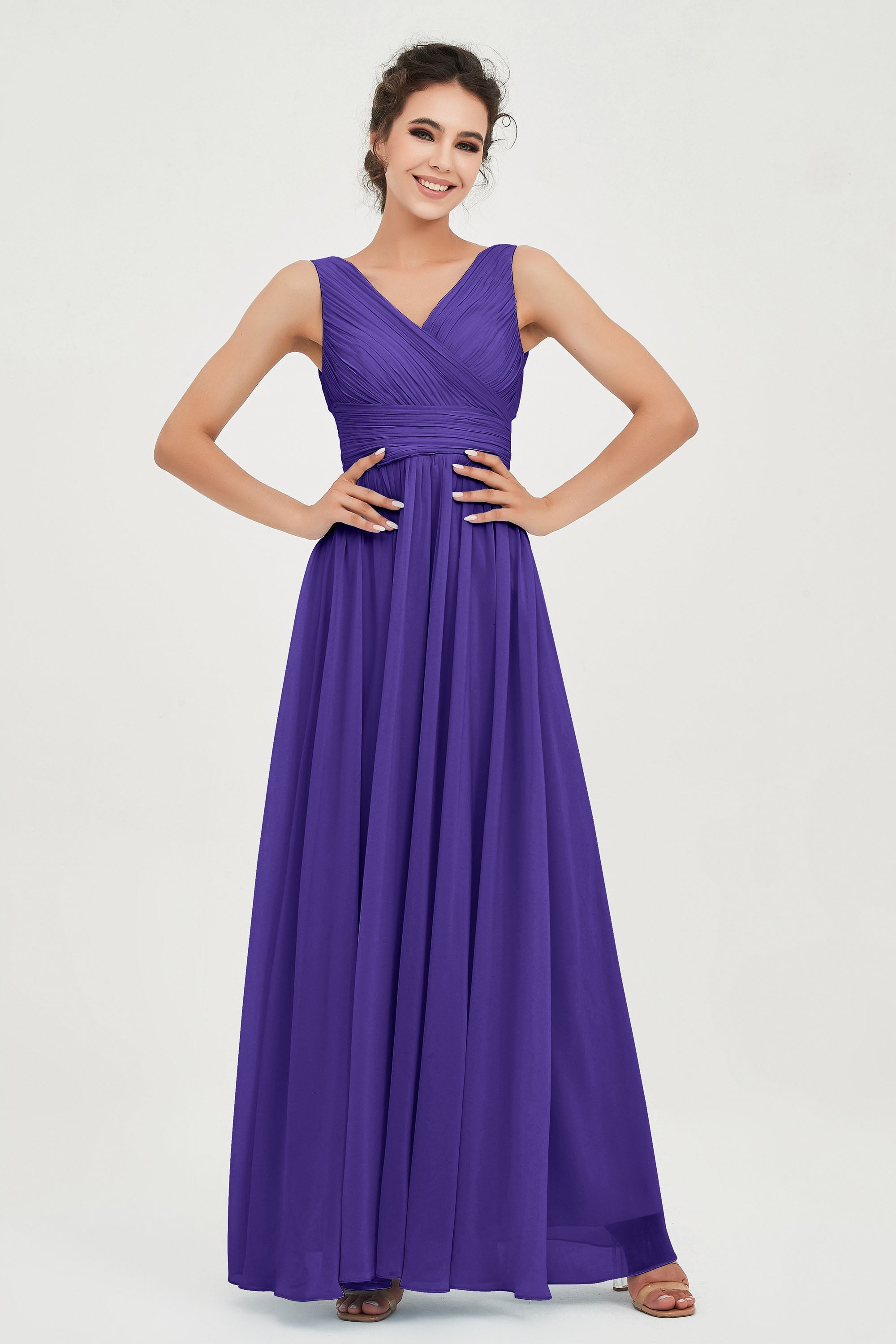 V Neck Natural Chiffon Bridesmaid Dress with Ruched Pleated Formal Evening Dresses Gowns
