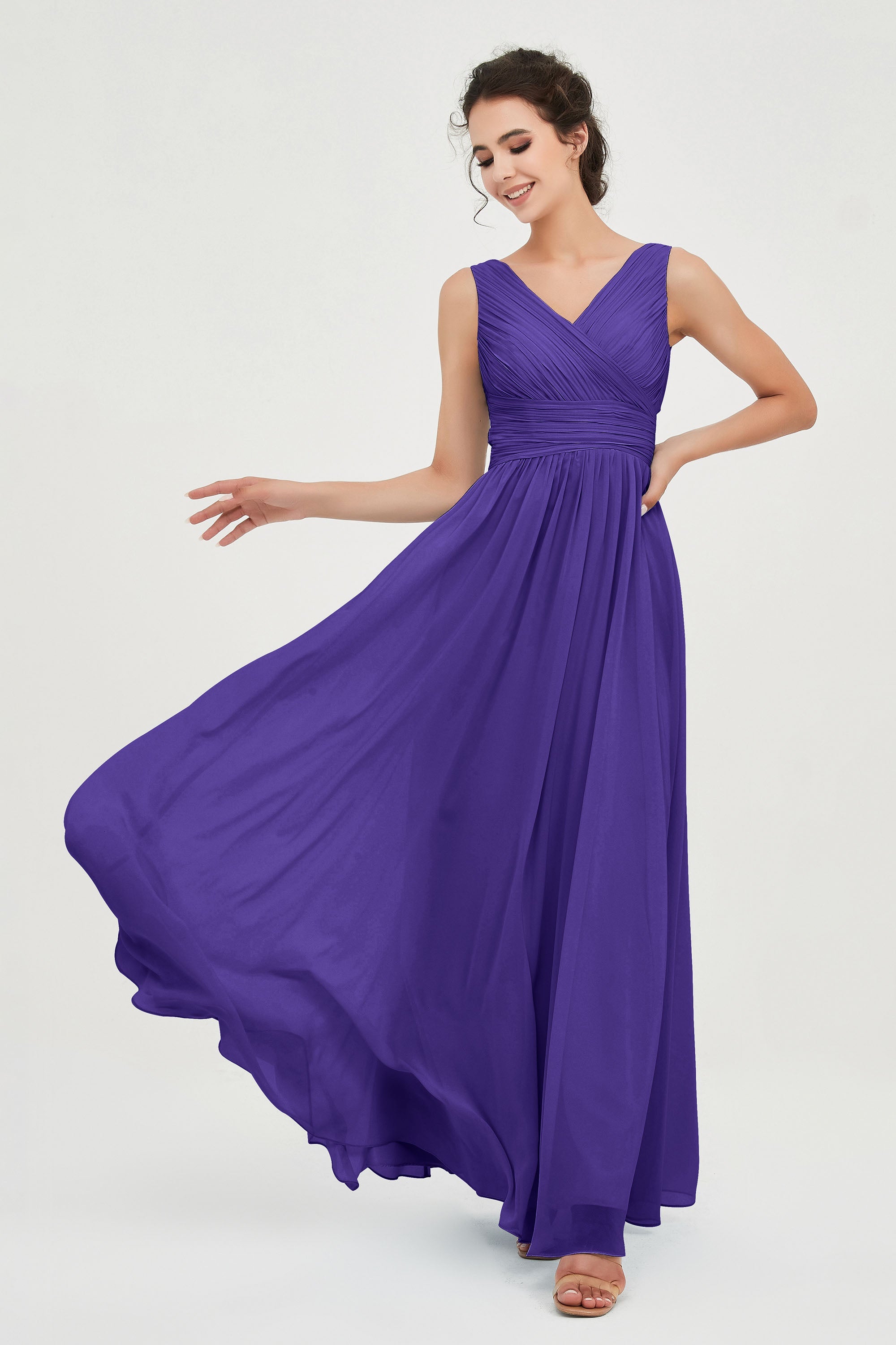 V Neck Natural Chiffon Bridesmaid Dress with Ruched Pleated Formal Evening Dresses Gowns