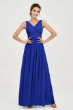 V Neck Natural Chiffon Bridesmaid Dress with Ruched Pleated Formal Evening Dresses Gowns