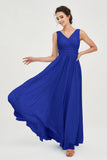 V Neck Natural Chiffon Bridesmaid Dress with Ruched Pleated Formal Evening Dresses Gowns