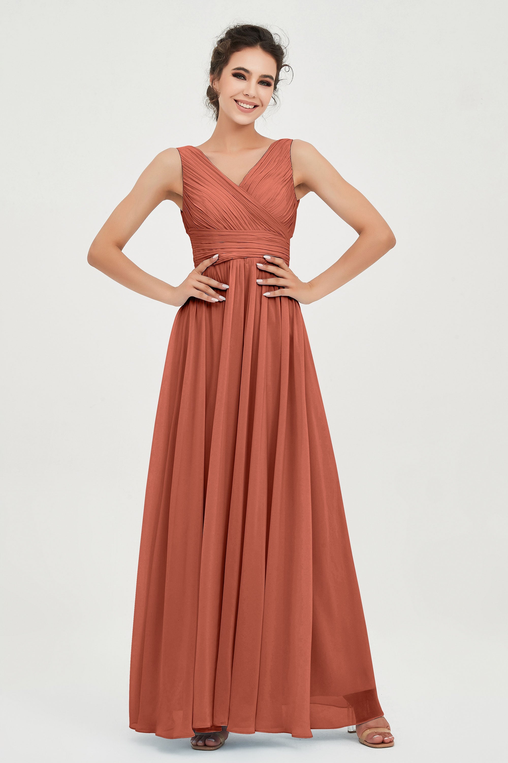 V Neck Natural Chiffon Bridesmaid Dress with Ruched Pleated Formal Evening Dresses Gowns