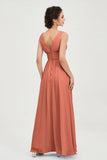 V Neck Natural Chiffon Bridesmaid Dress with Ruched Pleated Formal Evening Dresses Gowns