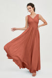 V Neck Natural Chiffon Bridesmaid Dress with Ruched Pleated Formal Evening Dresses Gowns