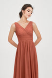 V Neck Natural Chiffon Bridesmaid Dress with Ruched Pleated Formal Evening Dresses Gowns
