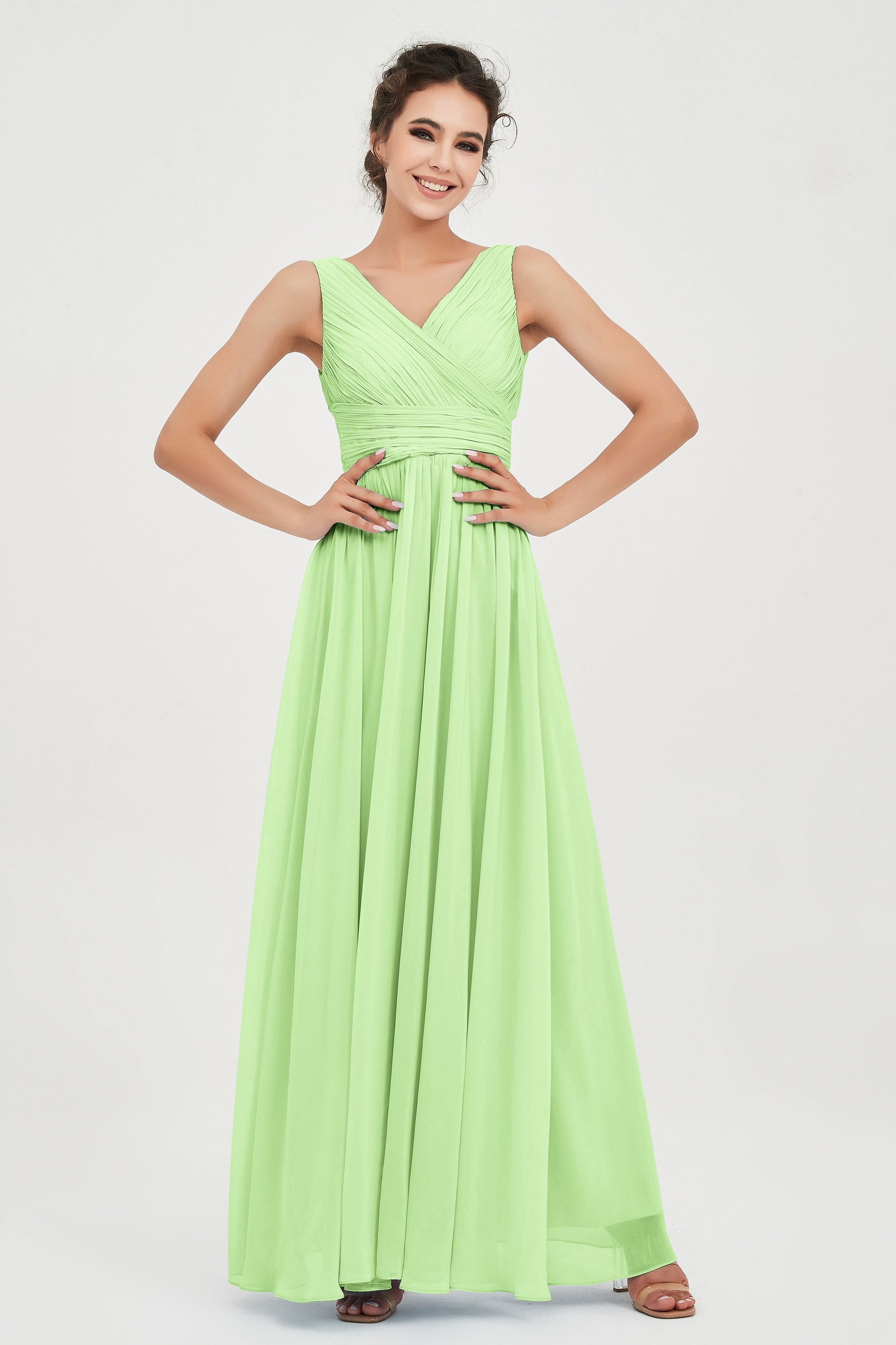 V Neck Natural Chiffon Bridesmaid Dress with Ruched Pleated Formal Evening Dresses Gowns