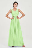 V Neck Natural Chiffon Bridesmaid Dress with Ruched Pleated Formal Evening Dresses Gowns