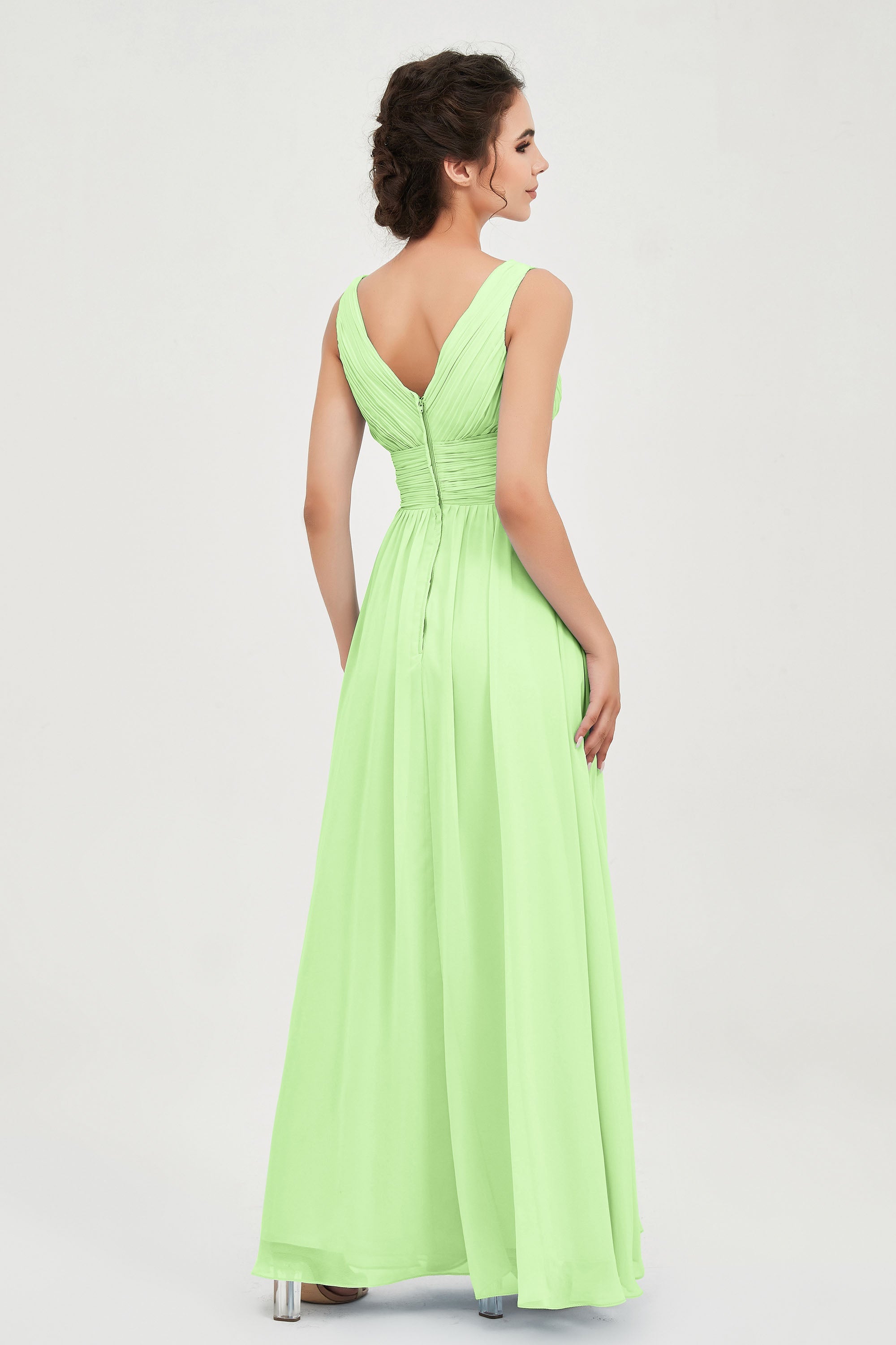V Neck Natural Chiffon Bridesmaid Dress with Ruched Pleated Formal Evening Dresses Gowns